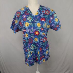 Peaches Uniforms Scrub Top Size XS Blue Floral Smiley Face V-neck Short Sleeve